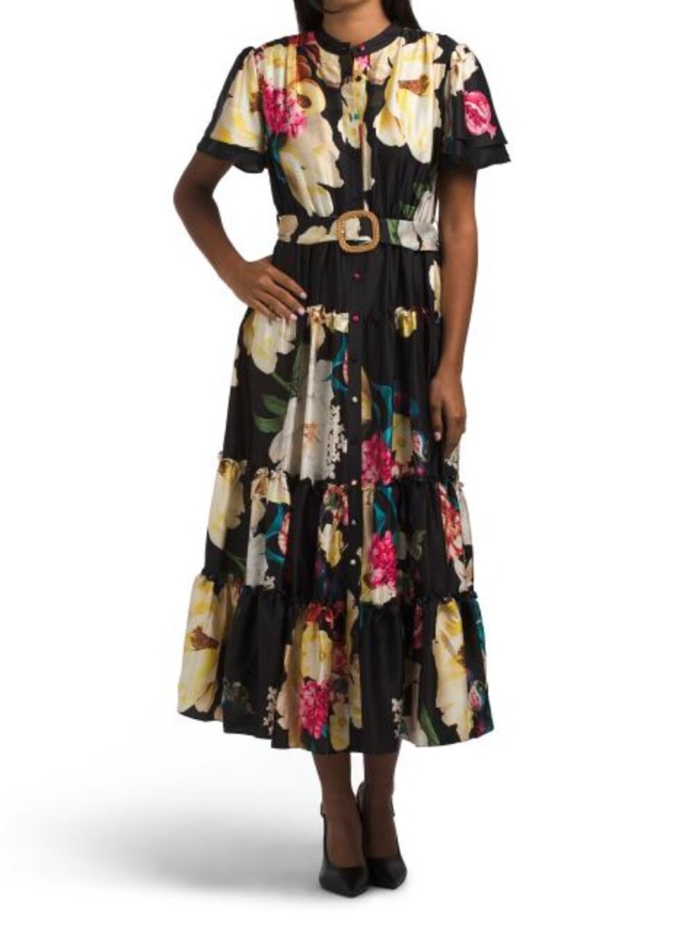 ELIE TAHARI Double Ruffle Sleeve Pique Edge Tiered Skirt Dress With Belt